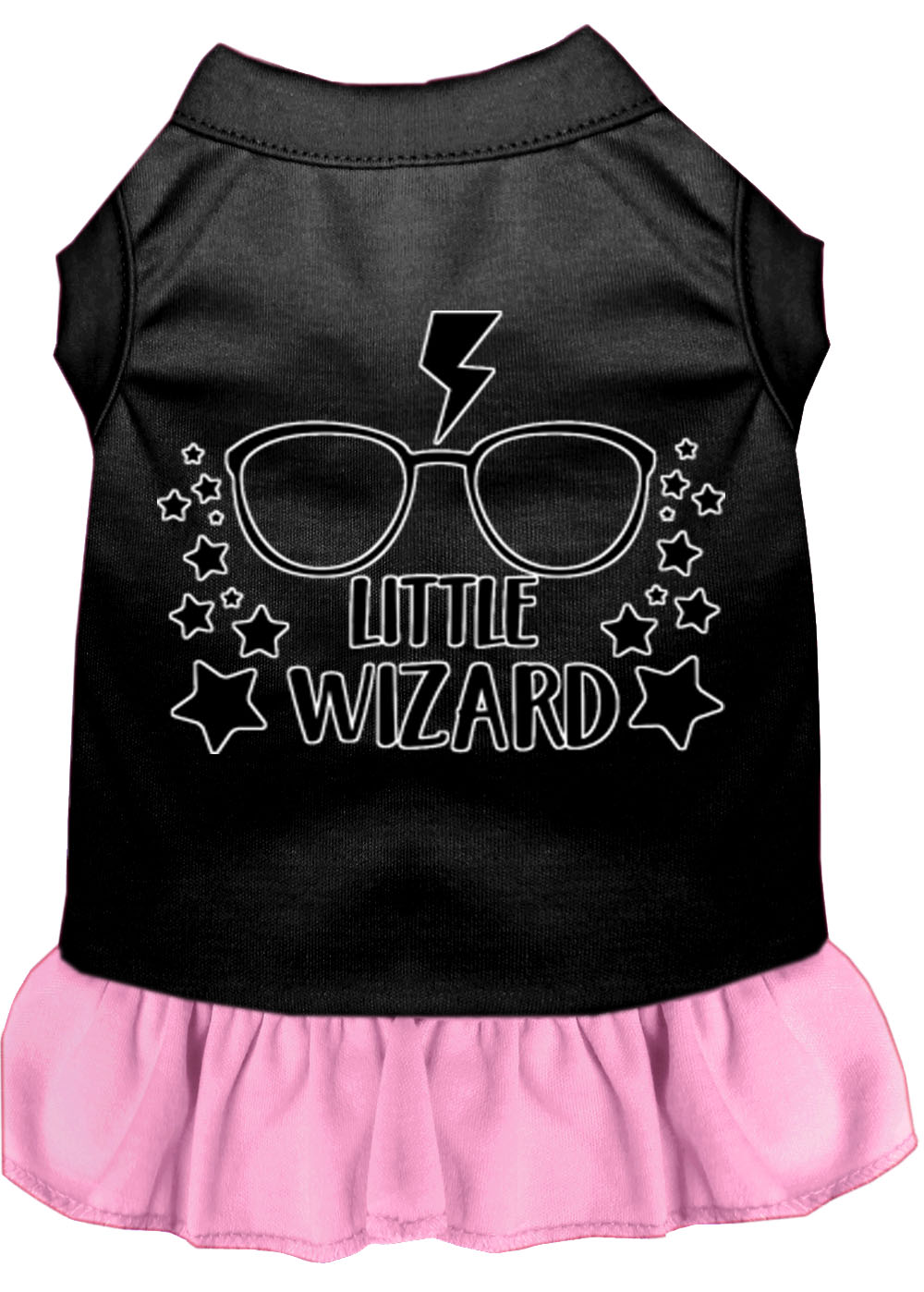 Little Wizard Screen Print Dog Dress Black with Light Pink Lg